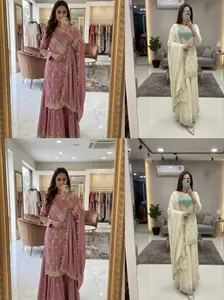 New Designer Sharara Suit Set with Embroidery & Mirror Work Dupatta