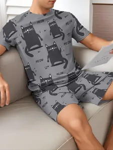 Men's Cartoon Cat Print Tee & Shorts Pajama Two-piece Set, PJ Set, Men's Sleepwear & Loungewear for Summer