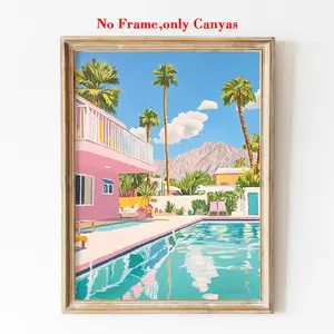 Vintage Palm Springs Art Print, Summer Girl Pool Canvas Painting, Unframed Wall Decor, Creative Aesthetic for Living Room & Bedroom