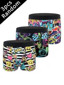 Men's Graffiti Print Underwear Set, Soft Comfortable Breathable Boxer Briefs, Random Design, Daily Wear, All Seasons, Party Style