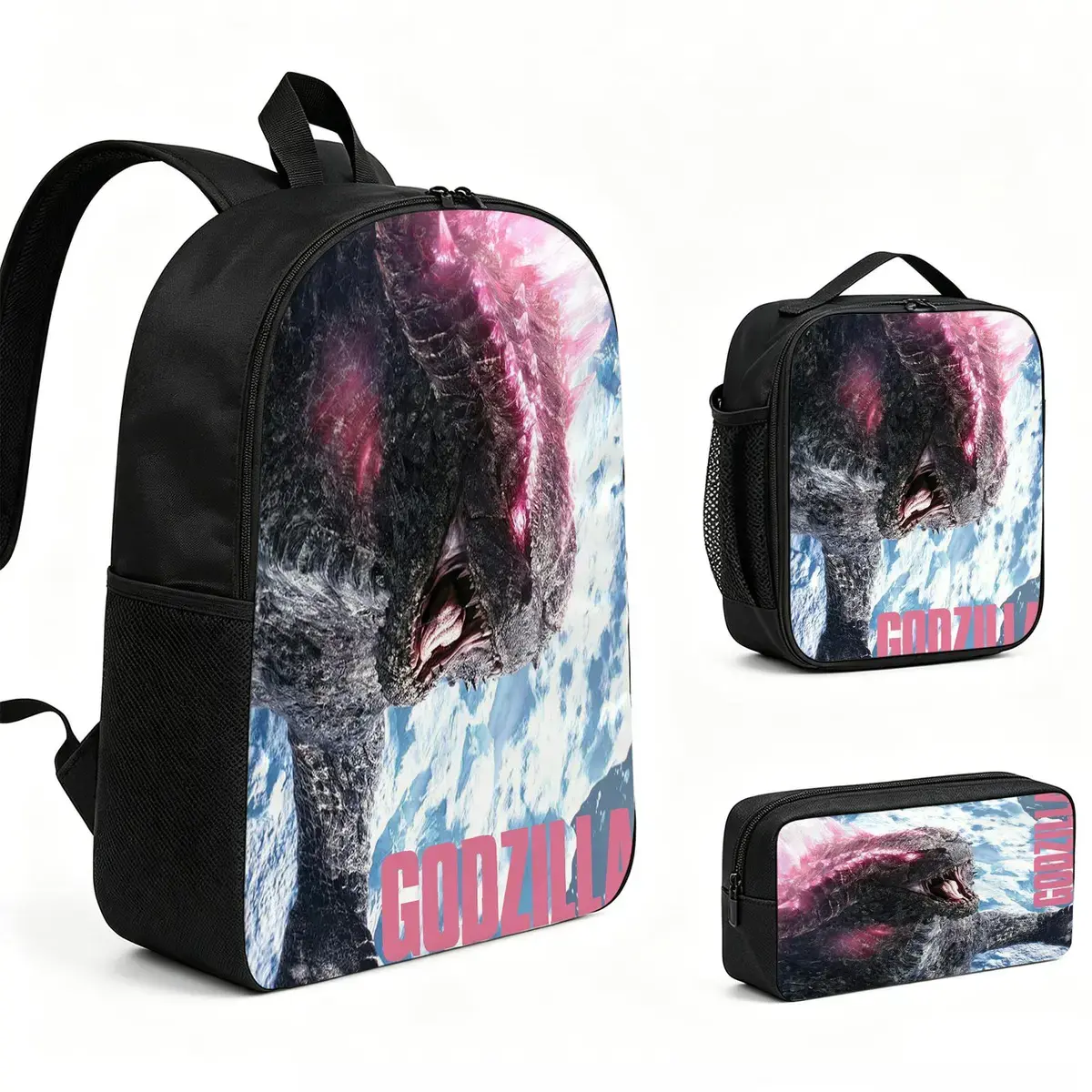 Godzilla Backpack 3pcs Set with Vibrant Print, Durable School Bookbag with Insulated Lunch Tote and Pencil Bag for Teens Boys Girls, Multi-Functional Laptop Travel Daypack Gift for Kids L-53