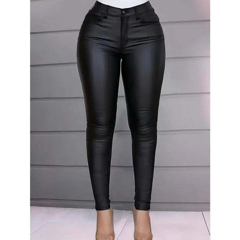 Women's Matte PU Leather Coated Denim Pants, Stretchy Pkush-Lined Skinny Trousers, Sexy Style, Winter Warmth, Black Color Plain Jeans