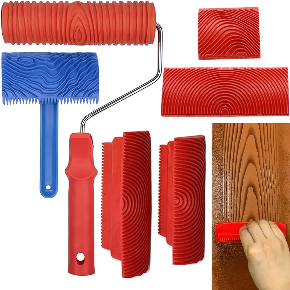 Graining Tool Set, 6 count 7"   Grain Roller Painting Tool with Handle DIY Rubber Graining Tool  Look Like  for Wall Room Art  Decoration