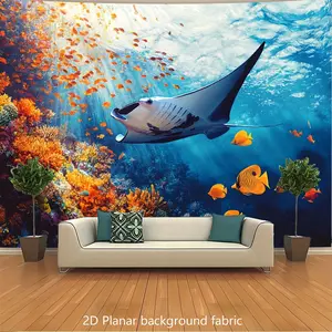 2D Flat Background Fabric Tapestry - Graceful Manta Ray & Vibrant Coral Reefs Underwater Scene, High-Quality Polyester, No Electricity Needed for Living Room Decor, Photo Backdrops, Weddings, Birthdays, Anniversaries, All-Season Use, Ocean Tapestry Wall H