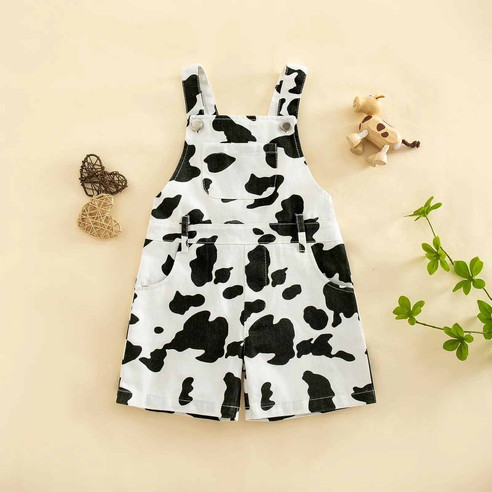 Cow Print Baby Toddler Overalls Shorts, Adjustable Strap Sleeveless Wide Leg Suspender Pants, Cute Farm Animal Themed Summer Casual Playwear for Infant Girls 6M-4T