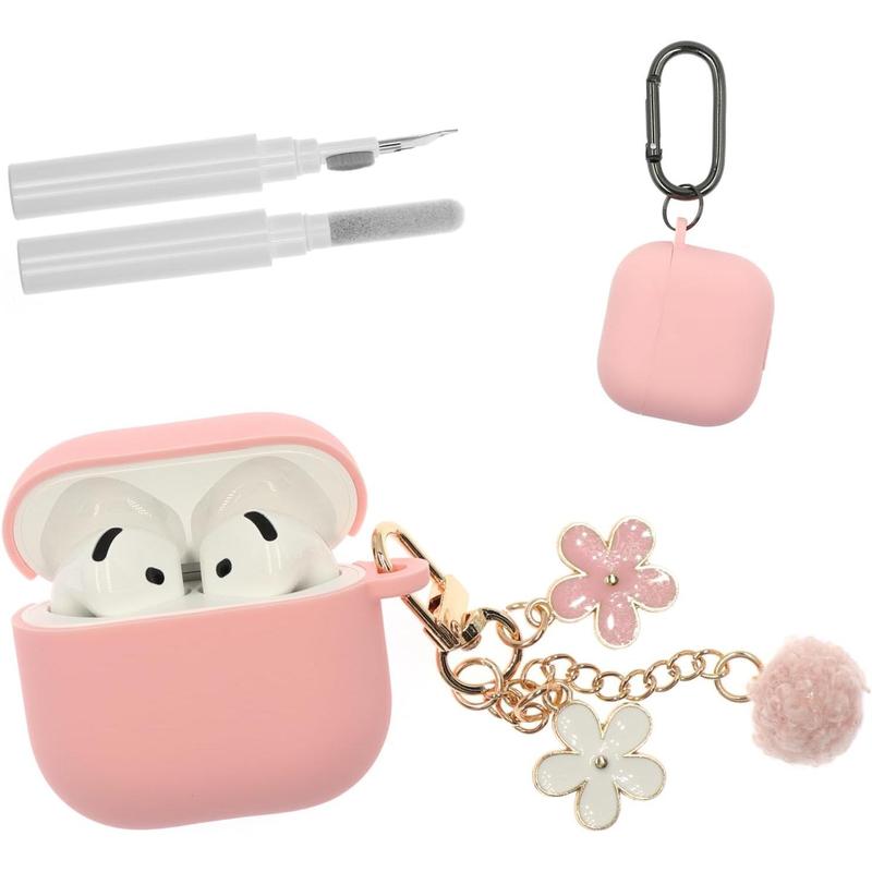 Compatible with AirPods 4 Case , Premium Soft Silicone Protective Case Cover for Apple AirPods 4th Generation with Cleaner Kit, Carabiner and Keychain Accessories for Women Girls (Pink)