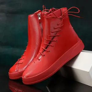 for the spring, summer and autumn of 2025, there are niche designs of red high-top shoes for men, shiny thick-soled casual boots, trendy British style, anti-slip, wear-resistant and height-increasing sports shoes