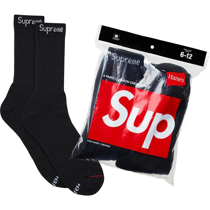 Supreme Hanes Crew Socks 4 Pack Black Size 6-12