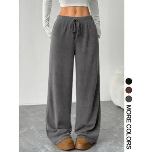 Women's Casual Loose-Fit Wide Leg Knitted Pants, All-Season Comfortable Waist Belted Design, Moderate Fabric Thickness