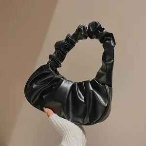 Women's Ruched Leather Shoulder Handbags Top Handle Crescent Clutch Purses