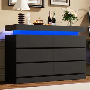 Garvee 6 Drawer Dresser with LED Light & Charging Station - Modern Bedroom Bedside Table & TV Stand - Double Chest with Open Shelf for Living Room, Entryway, Hallway