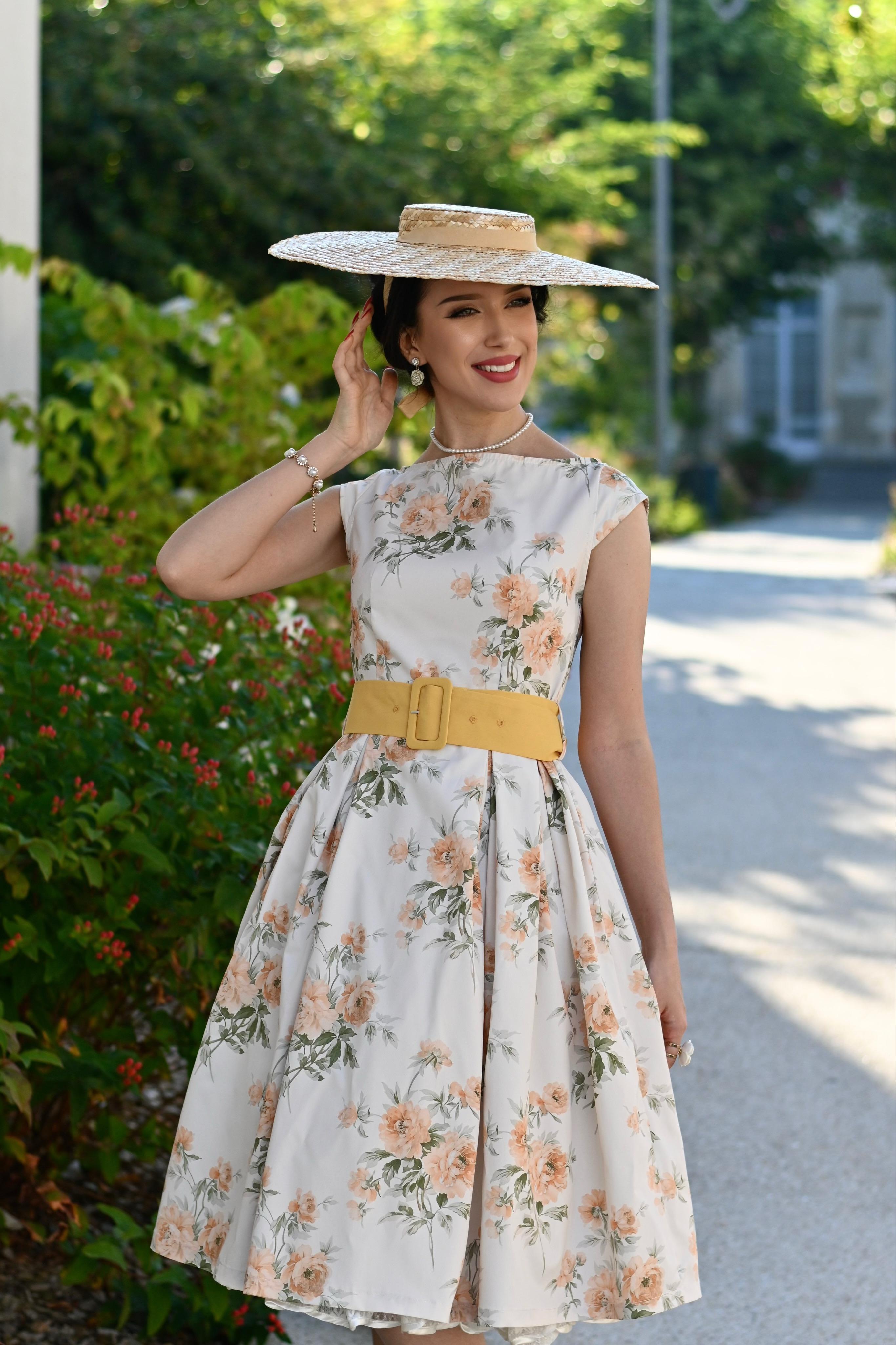Yellow 1950s Boat Neck Antique Floral Dress Spring Vacation Womenswear Fitted Casual Sleeveless