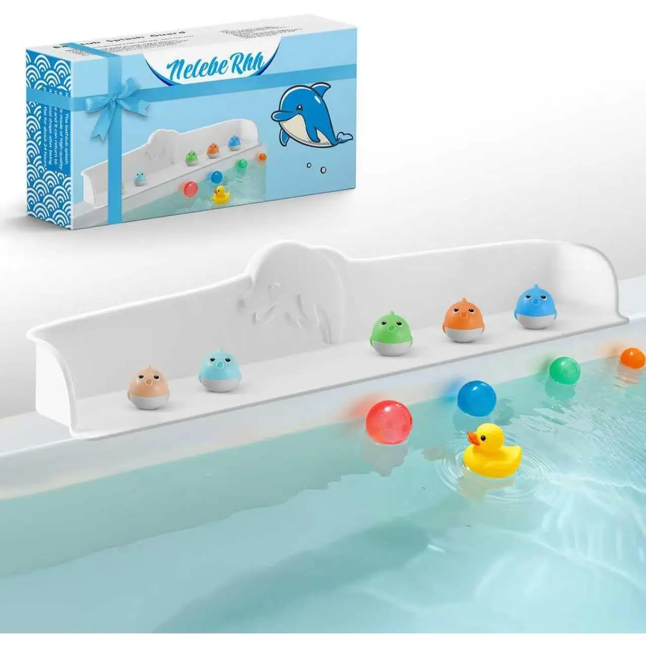 White Dolphin Pattern Bathtub Splash Guard Play Shelf - Toy Tray Caddy Holder for Wide & Straight Edges, Suction Cups Attach to Bath Tub to Prevent Bathroom Water Spills