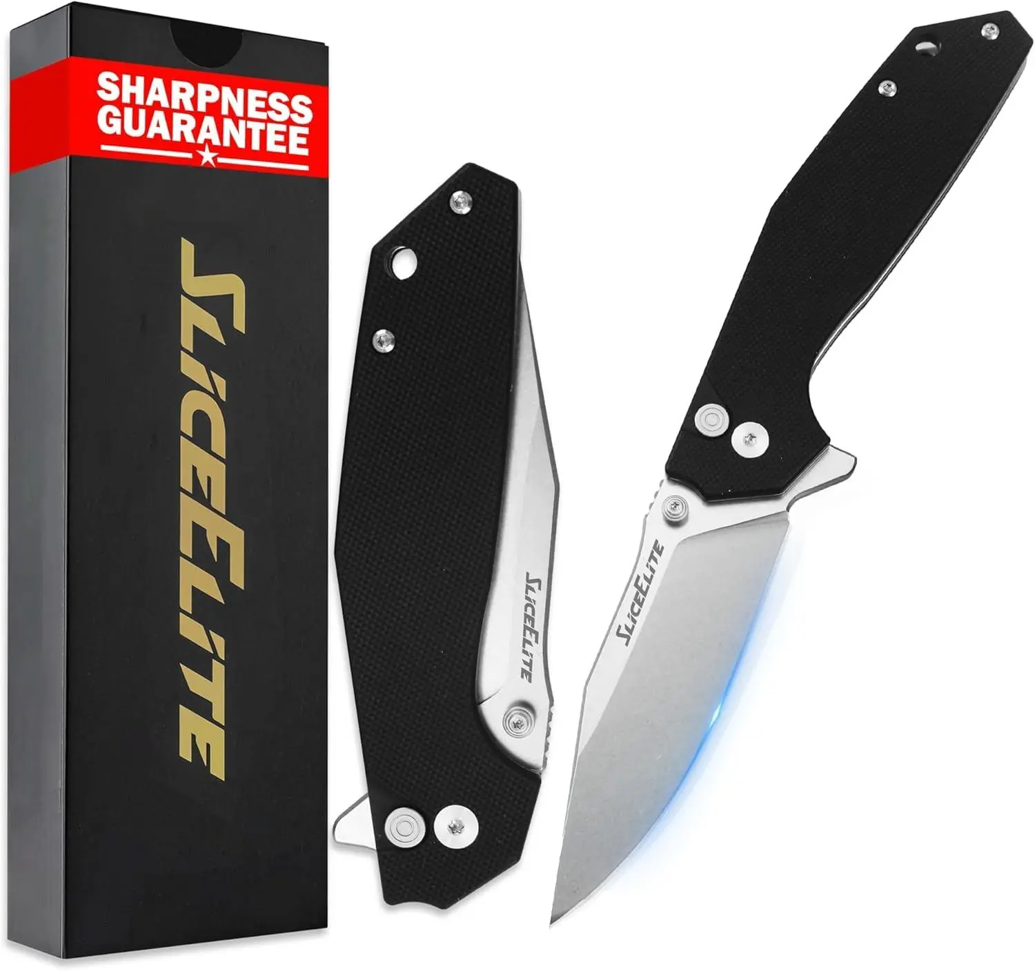 SliceElite El Capitan Folding Knife 3.5 in D2 Steel Clip Drop Blade Black G10 Handle Manual Button Lock Pocket Carry
