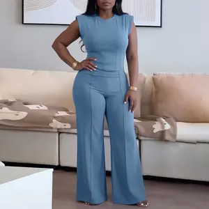 ChicMe Women's 2 Piece Set Padded Shoulder Sleeveless Crop Top & High Waist Wide Leg Pants  Elegant Streetwear Lounge Outfit Clothes Womenswear