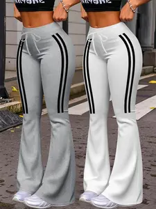 2 Piece Women's Bottom Fashionable Long Pants, Striped Pattern Print, Casual Wide Leg Design Fitted Drawstring Fit for All Seasons, Comfortable Yoga Milk Silk Fabric, Womenswear