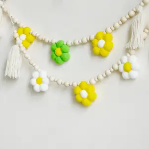 Wooden Beaded String with Daisy Flower Decor, Bohemian Tassel Art Decoration, Wall Decorative Hanging Ornaments for Home Living Room Study Room, Hangable