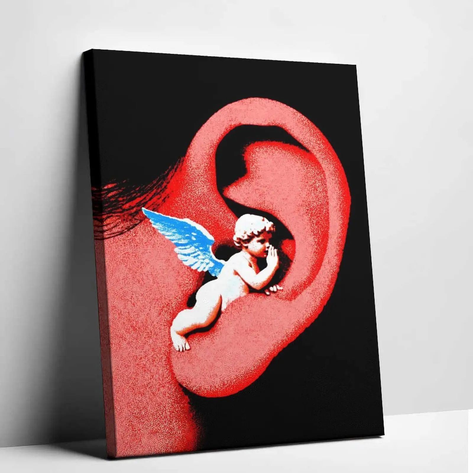 Vintage Angel Whispering in Ear Framed  Artwork - Retro Cherub Surreal Pop Art Print, Decorative Home Decor for Living Room, Unique Fun Animal Gift  Hanging