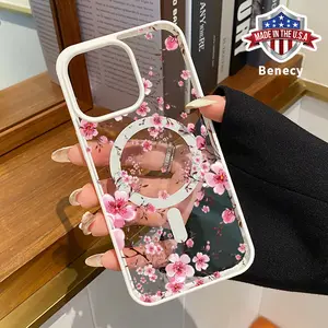 Blossoming Cherry Dreams Pattern Magnetic Phone Case Supports Wireless Charging for iPhone 15 16 14 Pro Max 13 12 11 XR XS Plus E Shockproof Non Slip Protection Silicone Transparent Acrylic Cover Cellphone Protective