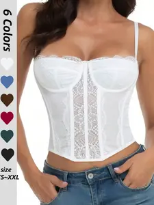 Sexy Low Back Lace-Up Bodysuit Top, Slim-Fit Flocking Design, Outerwear Women's Shapewear Tank Top, Fashionable Party Wear, High Compression Shapewear, Lace Bustier Corset