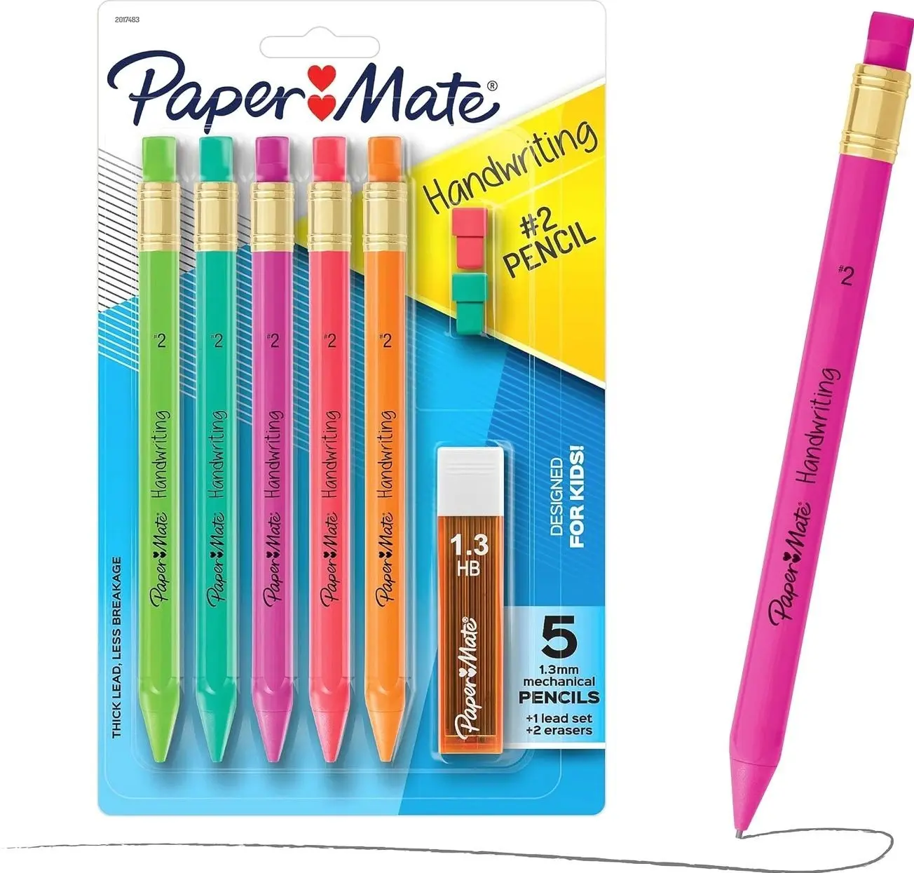 Paper Mate Handwriting Triangular Mechanical Pencils with Lead & Eraser Refills, 1.3mm, Fun Barrel Colors, 5 Count - School Supplies, Kids Writing