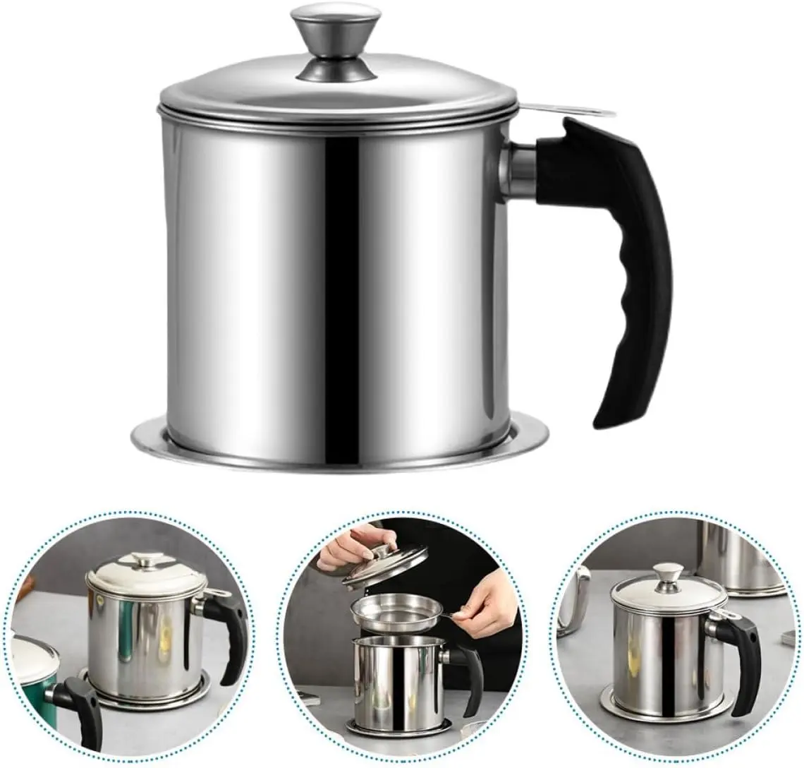 1.3L Bacon Grease Container With Strainer, Stainless Steel Oil Storage Pot