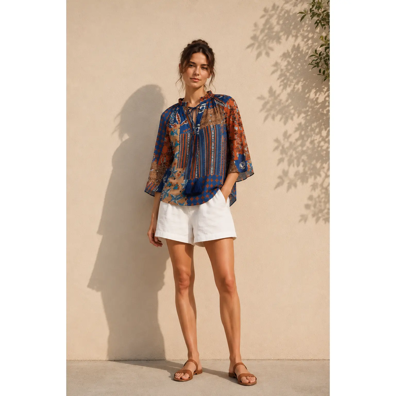 Mixed-Print Tassel Tie Blouse