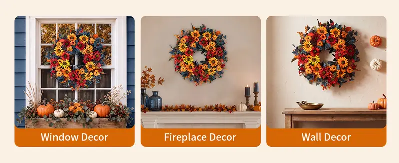 Thanksgiving Fall Wreath with Berries & Leaves, Hook Included, Festive Home Decor for Porch Wall, Room Decor