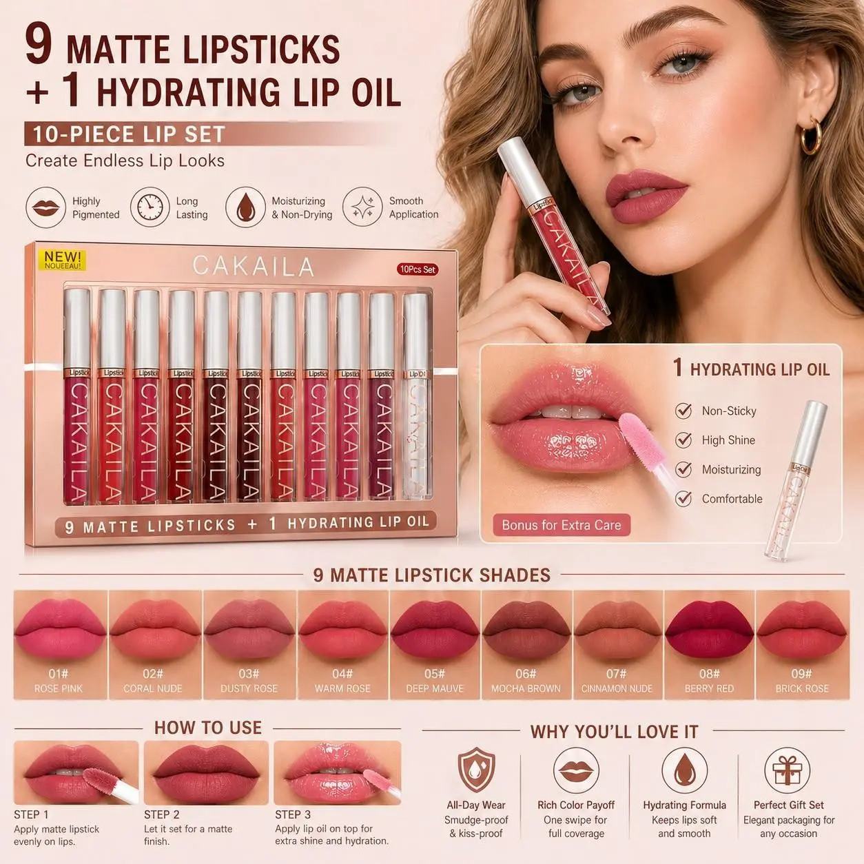 10Pcs Matte Lip Tint Set, Waterproof Transfer-Proof Lipstick, High Pigment Velvet Smooth Lip Gloss, Long Lasting Daily Lip Makeup, Gift Choice For Women
