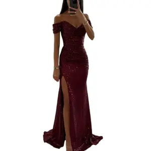 Off-shoulder Sequin Dress|Flared Split Sexy Dress Fashion Evening Gown Party Essential