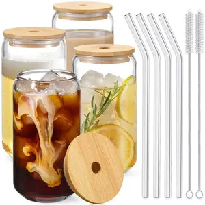 Drinking Glasses with Bamboo Lids and Glass Straw 4pcs Set - 16oz Can Shaped Glass Cups Beer Glasses Iced Coffee Glasses Cute Tumbler Cup Ideal for Cocktail Whiskey Gift 2 Cleaning Brushes