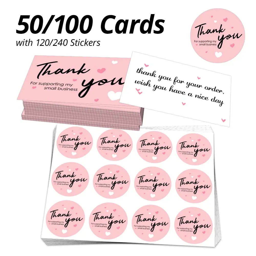 Thank You Cards Set with Stickers, 50-100pcs Thank You Cards & 120-240pcs Stickers, 9x5.4cm Card, 3.8cm Sticker, Ideal for Online Shops