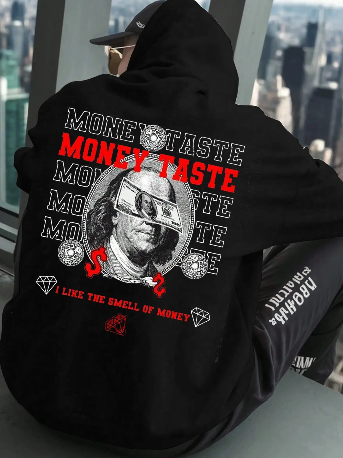 1 Men's Black Hoodie with Money Print, Franklin with Dollar Bill