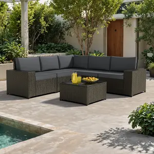 Patio Furniture Set, 6PCS Outdoor Sectional with Ottoman Wicker Rattan Patio Couch with Thickened Cushion Modular Wicker Patio Conversation Set with Glass Top Table for Balcony, Backyard
