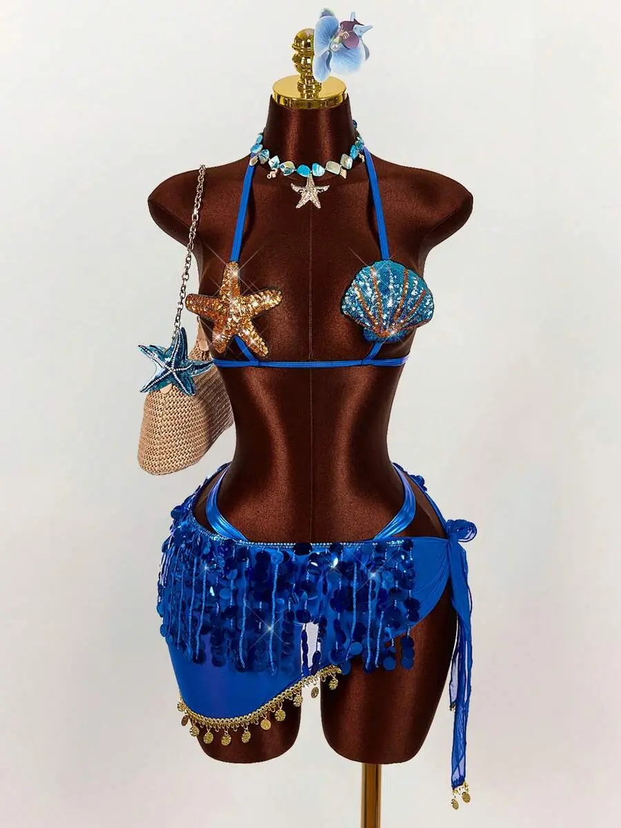 3pcs Women's Starfish & Shell Detail Bikini Set With Beaded Skirt, Sexy & For Vacation, Music Festival, Spring/Summer Summer Clothes Women