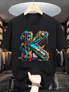 Men'S Vibrant Graffiti-Style Letter K Short Sleeve T-Shirt- Casual, 100% Cotton, Machine Washable, Summer Fashion Tee with Colorful Print, Everyday Fashion Tee|Graffitistyle Print