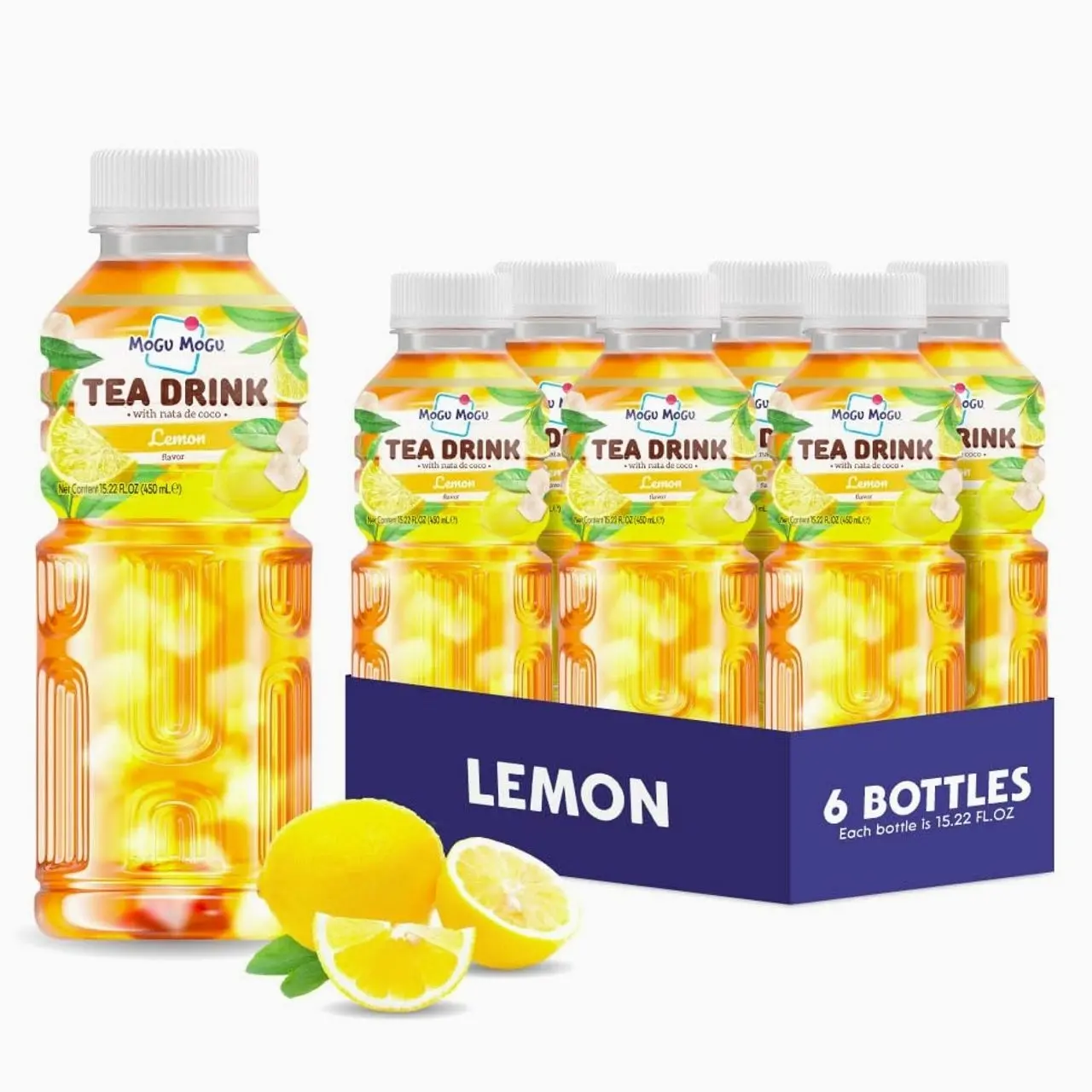 Mogu Mogu Lemon Iced Tea with Nata de Coco (Coconut Jelly) – Chewy Bubble Tea Alternative, Refreshing Drink, 6 Pack Bottles, 15.3 fl oz Each