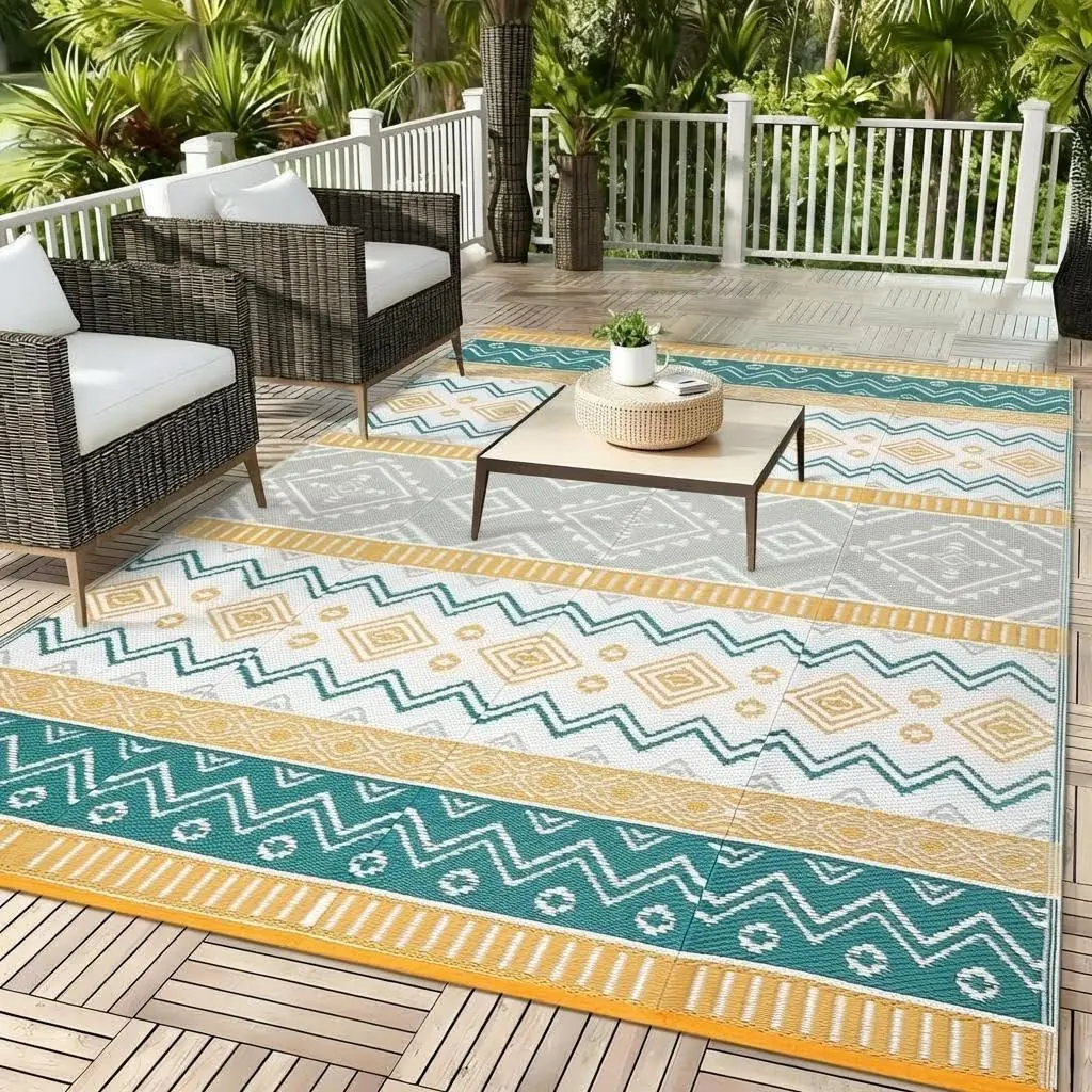 Rectangular Yellow/Green 9x18 Outdoor Waterproof Reversible Plastic Straw Rug - Stain-Resistant RV Mat for Patio, Deck, Picnic