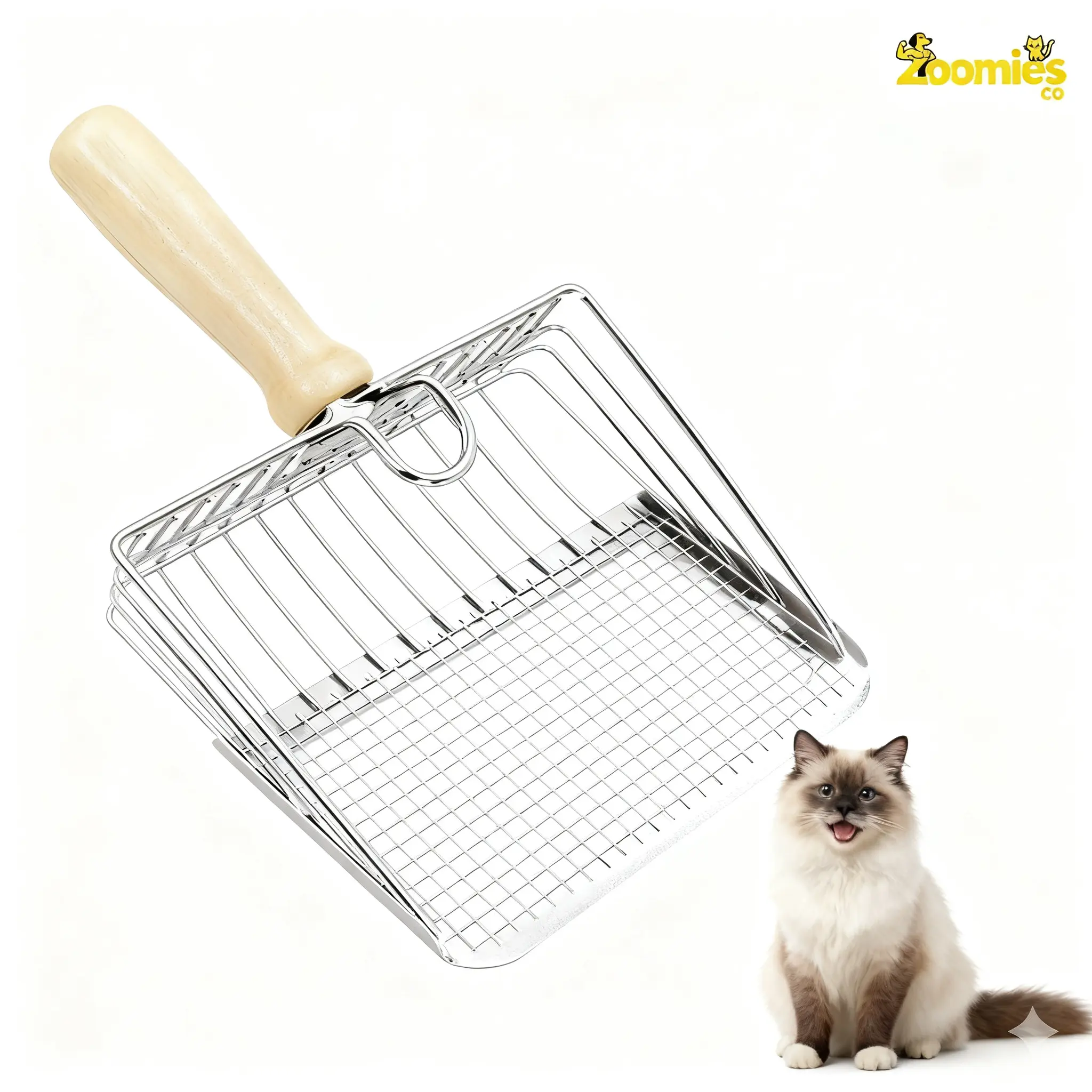 Stainless Steel Cat Litter Scoop - Premium Dual-Mesh Design Scooping Tool with Hook and Hole, Corrosion-Resistant, Deformation-Resistant for Clumping Litter Box Cleaning, Clumping Litter Scoops