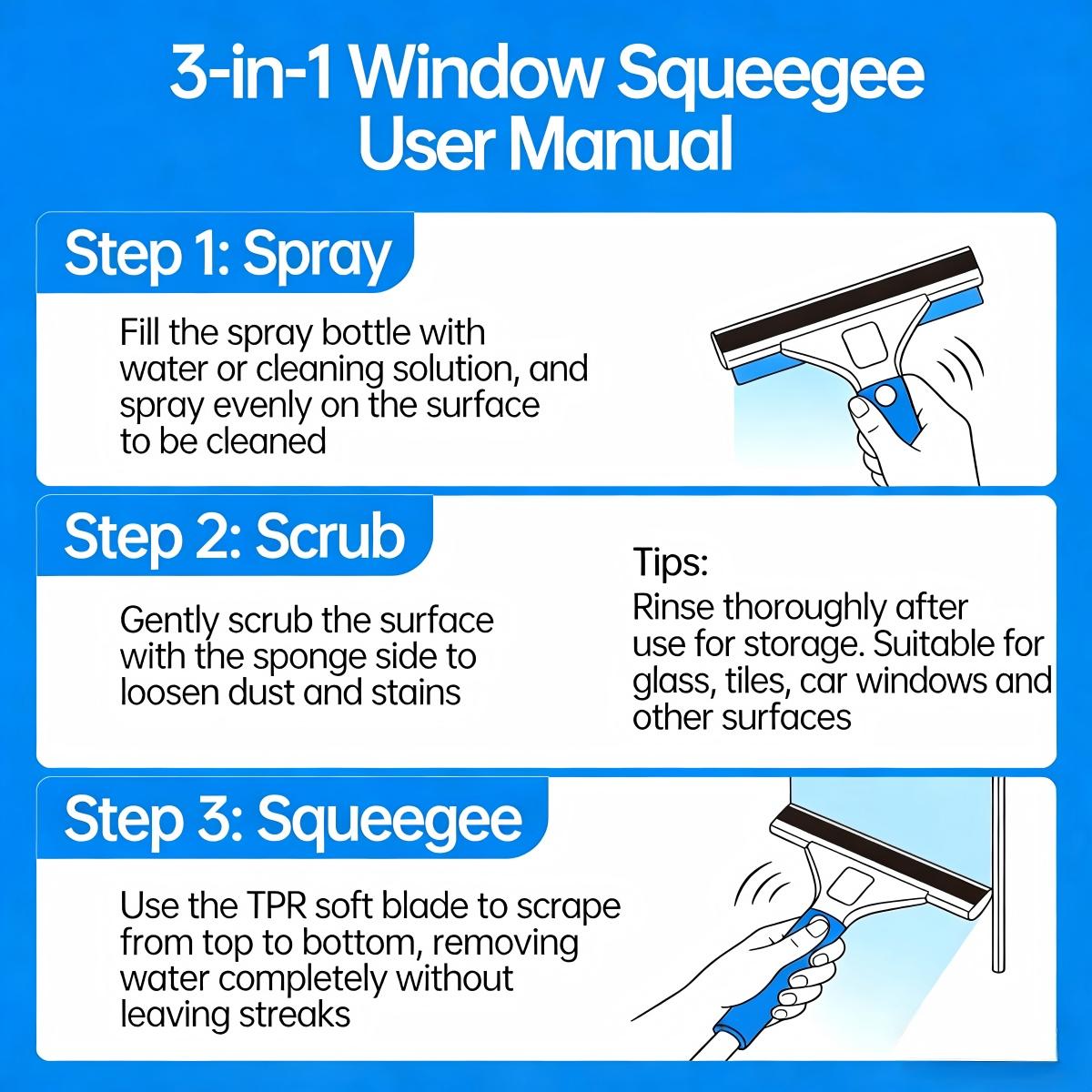 3 in 1 Spray Glass Cleaner Squeegee, Window and Mirror Scrubber with Built-in Spray for Home and Auto, Streak Free & Lint Free, White & Yellow