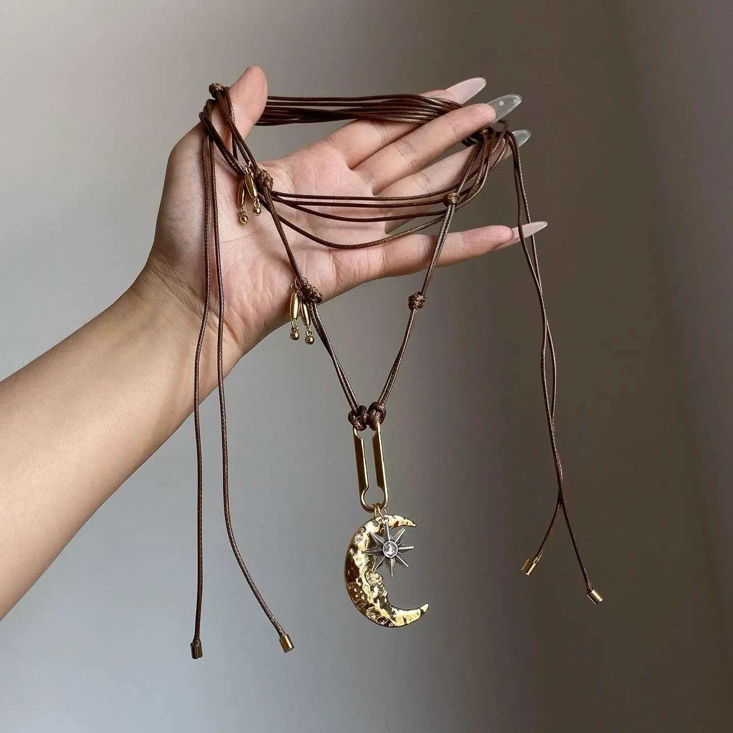 Handmade Boho Body Chain with Moon & Star Charm, Adjustable Brown Cord Waist Chain for Women, Celestial Layering Jewelry for Festivals, Adjustable Waist Chain