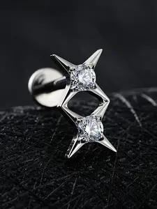 Astm F136 Titanium Double Star Stud Earring 16g, Punk Style Starburst Cz Flat Back Labret Stud for Cartilage Helix Tragus Piercing, Flat Back Earrings