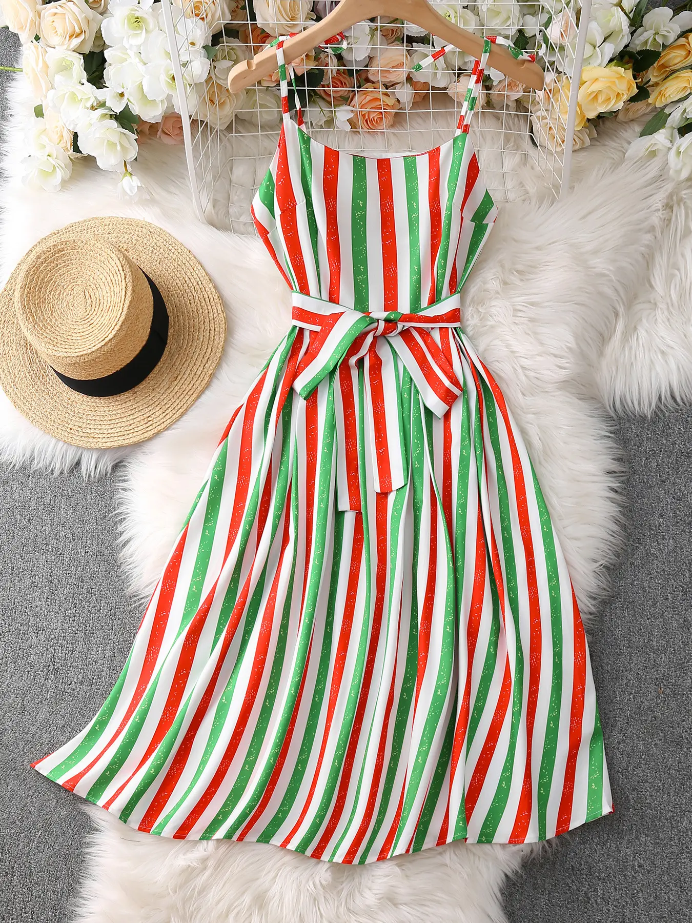Vibrant Red Green Striped Midi Dress With Bow Belt Spaghetti Straps Summer Vacation Beach Party Casual Vibrant Red Green Striped Midi Dress With Bow Belt Spaghetti Straps Summer Vacation Beach Party Casual