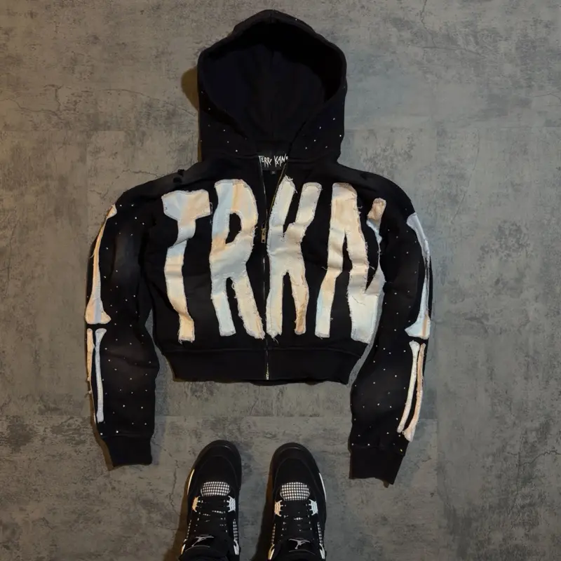 “TRKN” cropped distressed rhinestone zip up hoodie **SIZE UP ONE**