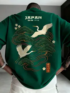 Men's Summer Casual T-Shirt, Japanese Crane Pine Print, Daily Wear, Cultural Inspiration Top, Fitted H-Type, Short Sleeve