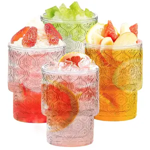 190ml Vintage Drinking Glasses Tumbler Set of 4, Embossed Stackable Pattern Style Transparent Cocktail Glasses Set, for Water, Juice, Beverages, Beer, Clear
