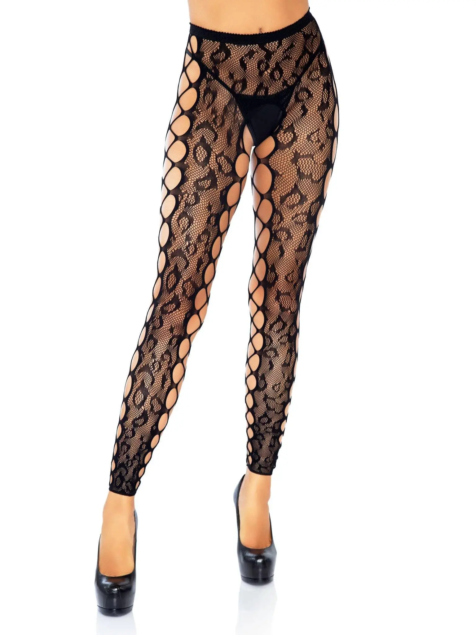 Leg Avenue Footless Leopard Lace Crotchless Tights – Black