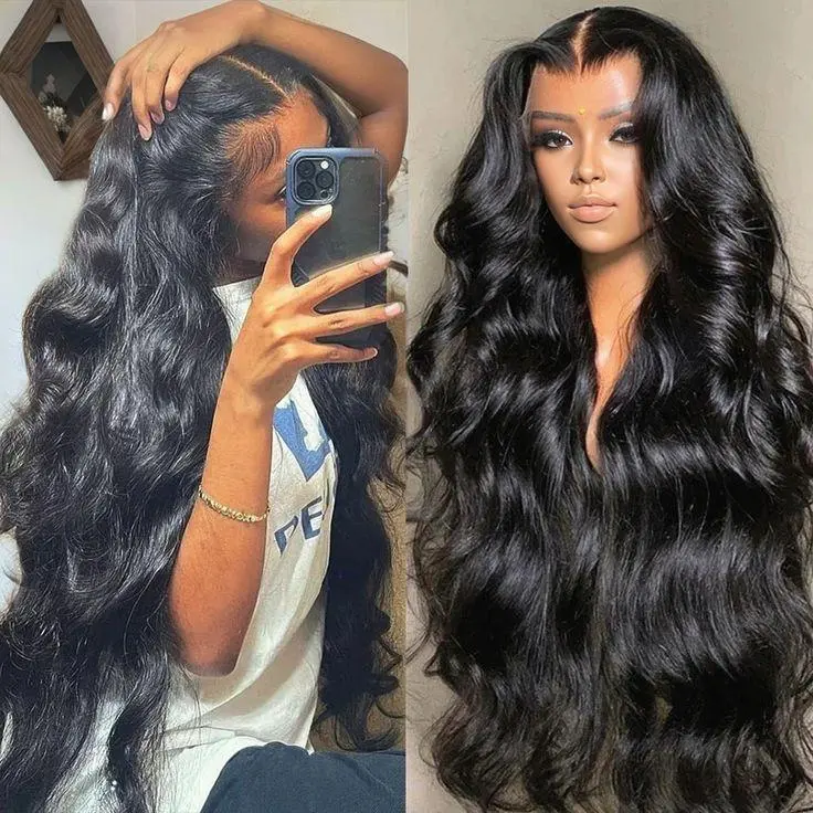 BLING HAIR Women's 13x6 Human Hair Frontal Lace Wear Wig, Long Body Wave Black, 180% Density Pre-Plucked Hairline, Adjustable Heat-Friendly Glueless, Restyle & Dye Black Wig Glueless