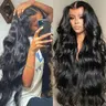 BLING HAIR Women's 13x6 Human Hair Frontal Lace Wear Wig, Long Body Wave Black, 180% Density Pre-Plucked Hairline, Adjustable Heat-Friendly Glueless, Restyle & Dye Black Wig Glueless