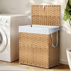 Foldable Rattan Laundry Organizer with Lid, Hand-Woven Waterproof Hamper, Removable Liner, Moisture Resistant & Durable, Practical Folding Design
